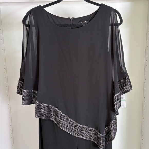 SLNY Black Jumpsuit with Asymmetrical Chiffon Overlay - Picture 3 of 4